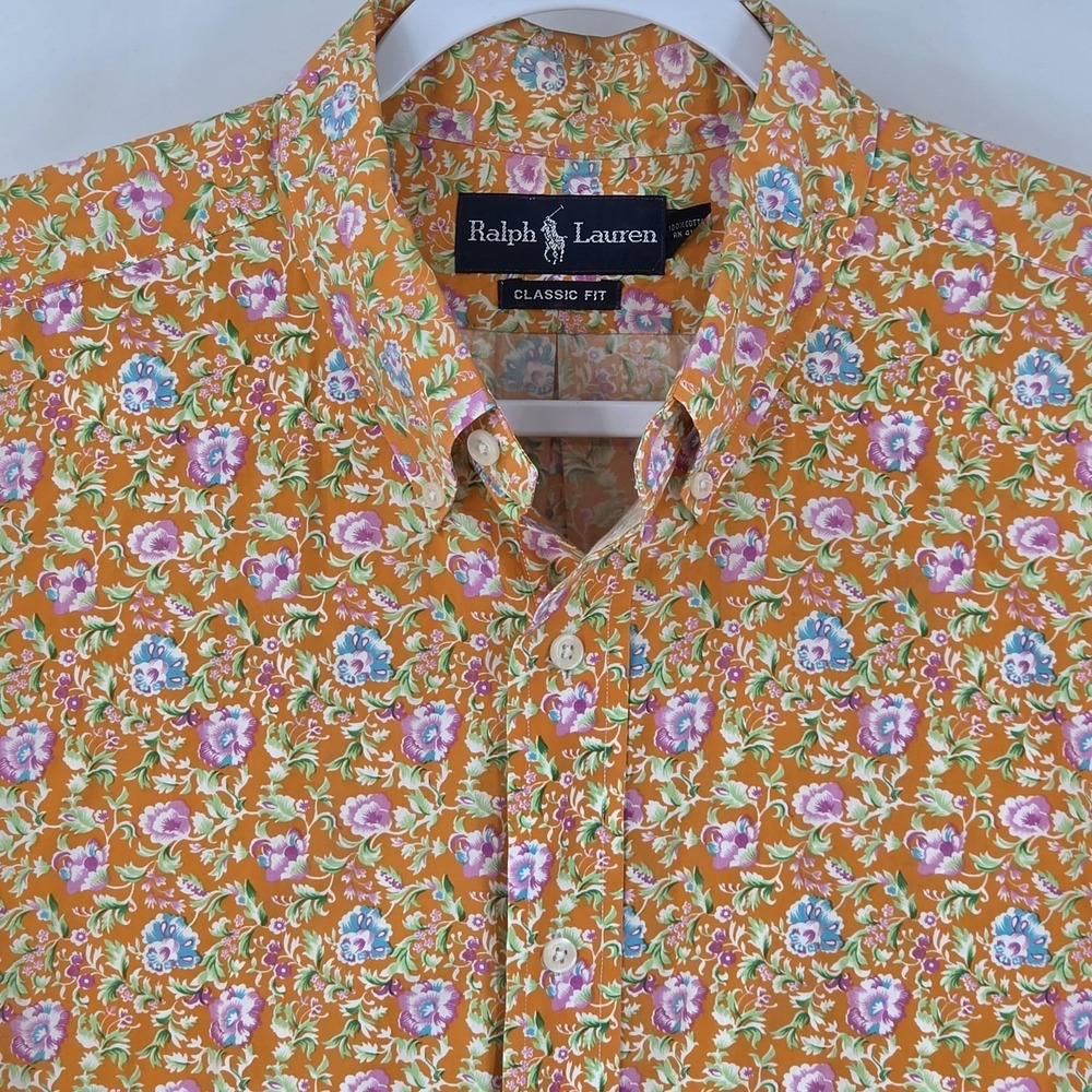 Ralph Lauren Shirt Orange Floral Classic Fit Button Down Short Sleeve Men's XL